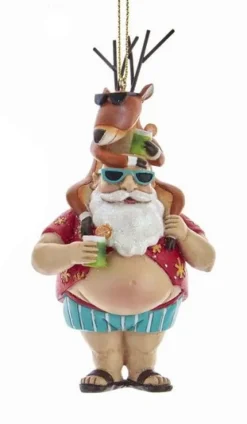 Kurt S Adler Chubby Santa With Surfboard/Reindeer Ornament, E0491, Kurt Adler^ Resin