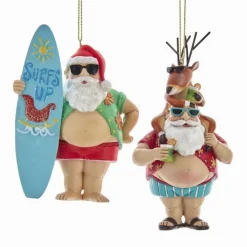 Best Chubby Santa With Surfboard/Reindeer Ornament, E0491, Kurt Adler Novelty